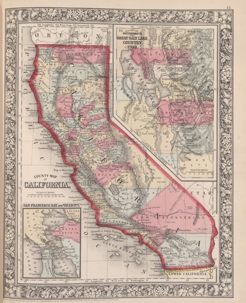Map of California from 1860's Mitchell New Atlas